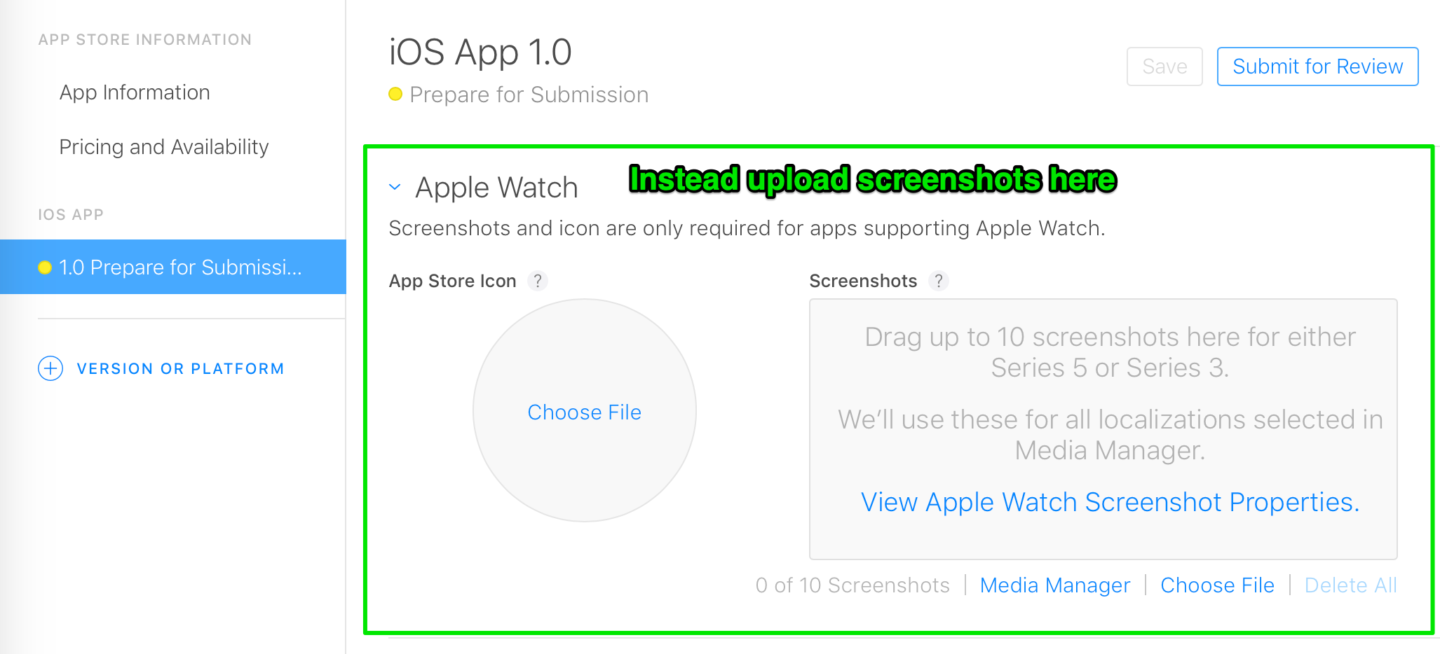 Upload watchOS screenshots in Apple Watch section
